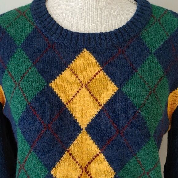 American Eagle Argyle Knit Sweater Navy Yellow Green Size M NWOT Preppy Academia - Picture 3 of 12
